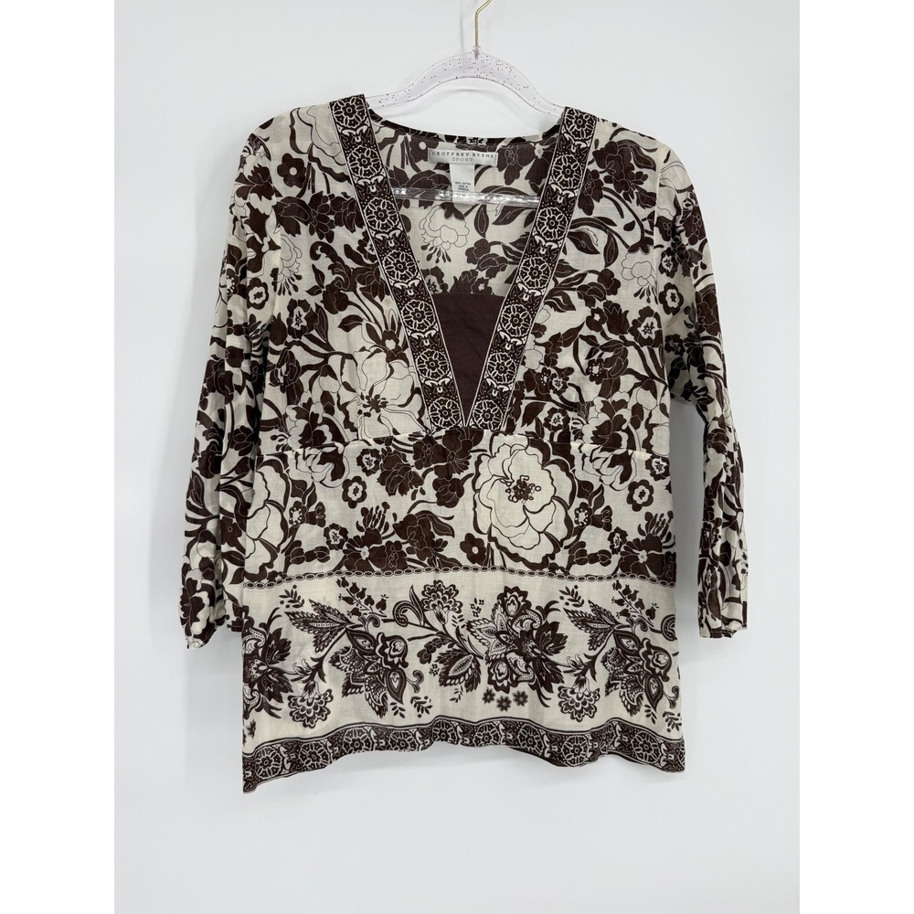Geoffrey Beene Sport Womens Sz XL Brown Floral Cotton V-Neck 3/4 Sleeve Tunic